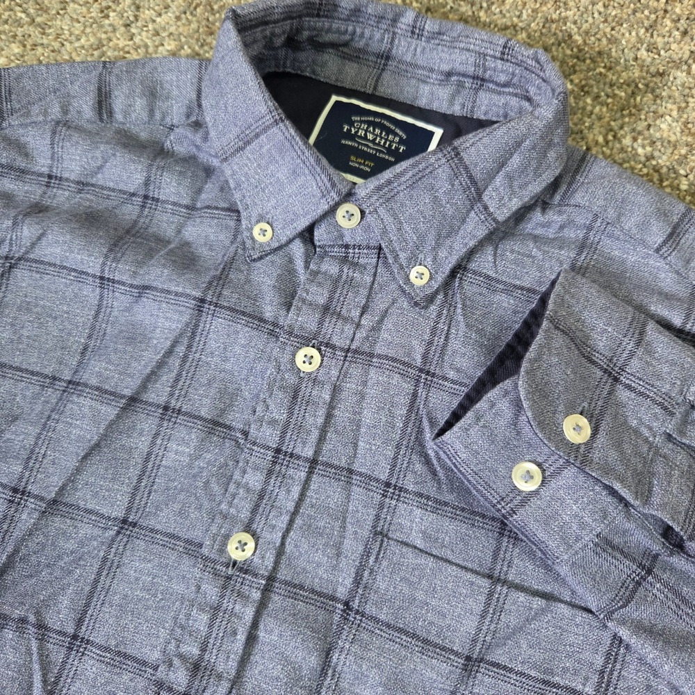 Charles Tyrwhitt Slim Fit Non-Iron Cotton Shirt Blue Windowpane Check Mens M